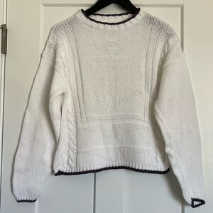 Hand Knitted White Anchor Sweater with Purple Trim Detailing